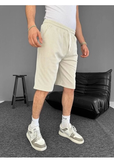 Su Yolu Çizgili Ön Arka Cepli Şort Yazlık Nefes Alabilir - Bej Bej