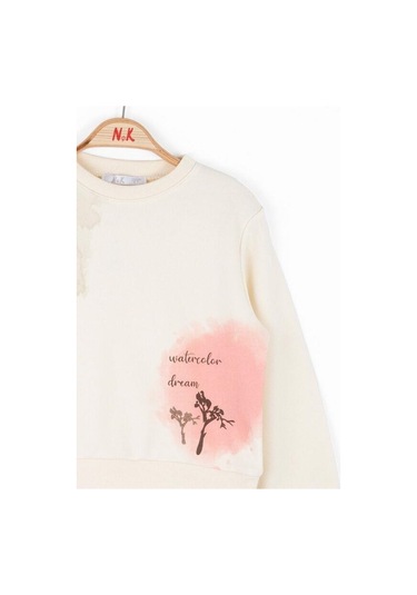 Kız Çocuk Pamuklu Orta Kalınlık Batik Desenli Sweatshirt-14714 KREM