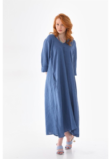 İtalyan V Yaka Uzun Kol Keten Elbise-8907 Petrol Mavisi