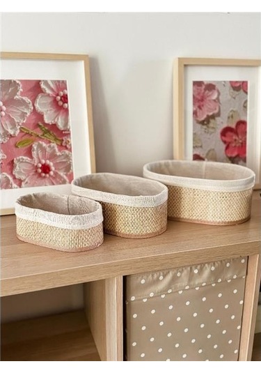 Akayev Beige Hasır 3lü Oval Sepet Beyaz