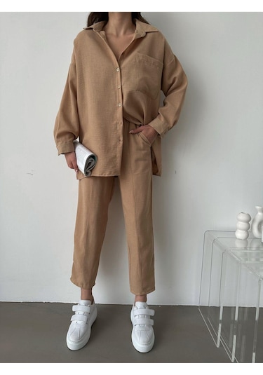 Kadın Oversize Keten Gömlek Pantolon Alt Üst Takım Camel