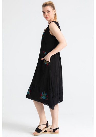 Kolsuz Şile Bezi Antik Nakışlı Midi Boy Elbise Siyah Syh-siyah