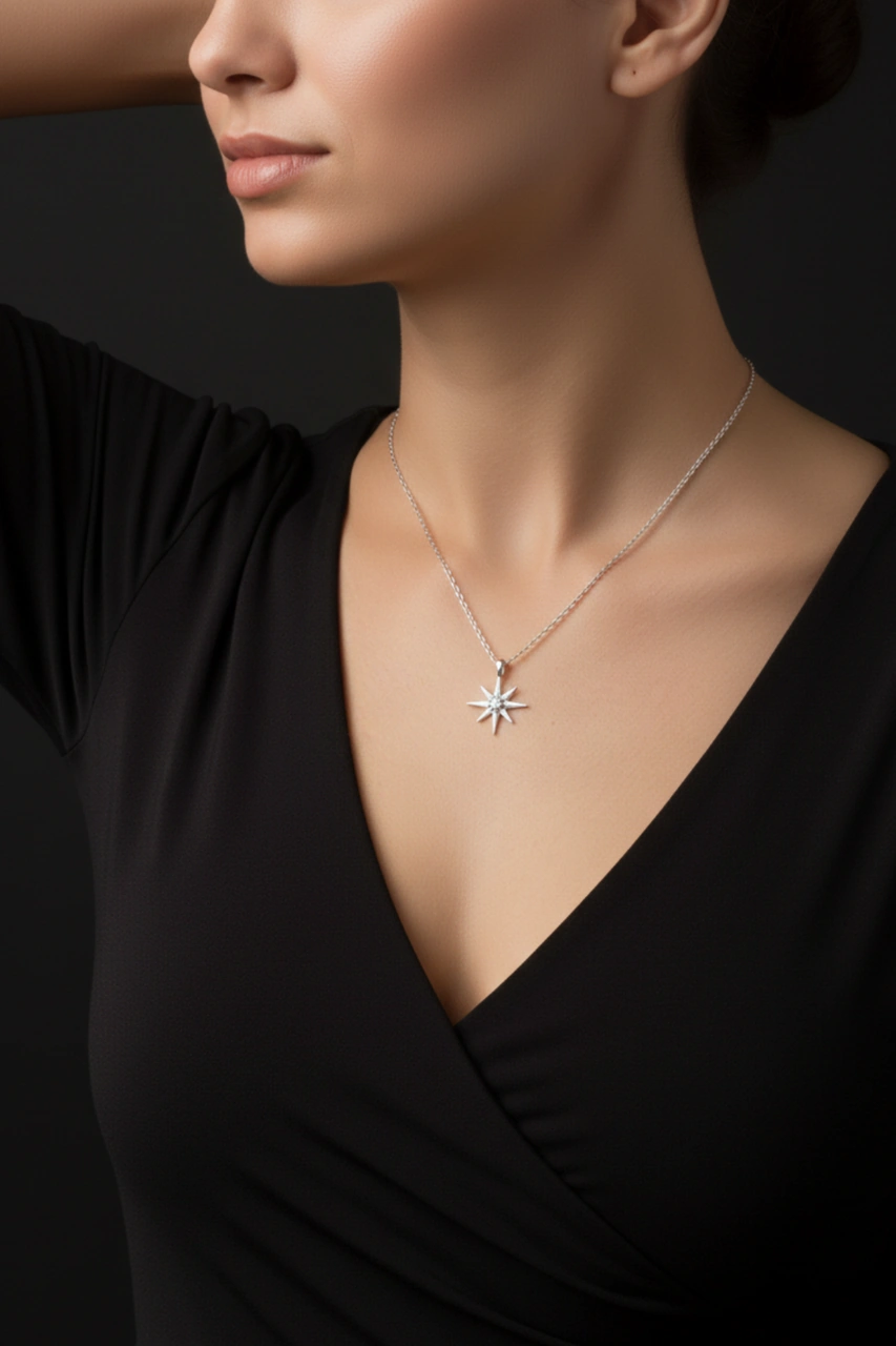 Kutup Yıldızı Tasarım Minimal 925 Ayar Gümüş Kadın Kolye Gümüş