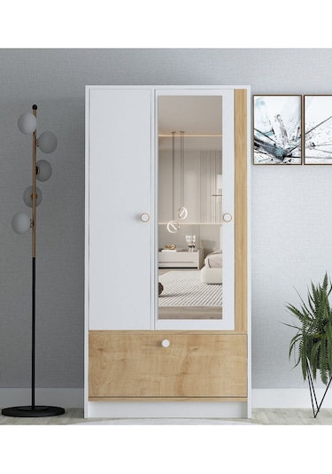 Floradesign Malibu Aynalı Gardırop /elbise Dolabı 3 Kapaklı Dolap / Organizer Beyaz/meşe