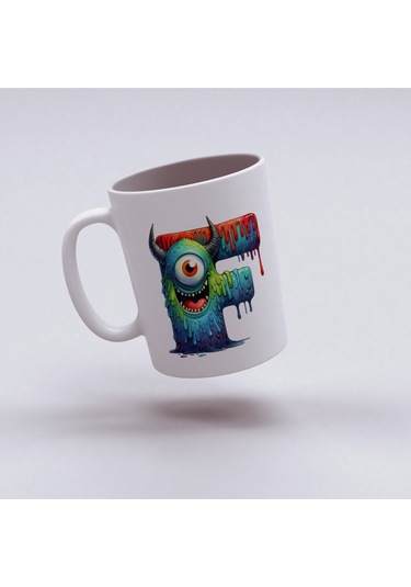 F Harfi Bardak, Sevimli Canavarlar Harflı Bardak Hediyesi Porselen Beyaz