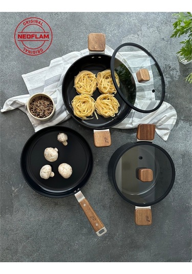 Neoflam Bien Black 5 Parça Indüksiyonlu Tencere Tava Seti, Akasya Ağacı Sap Ve Kulplu