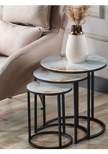 3 Lü C Zigon Sehpa Sarı Mermer Temperli Cam Siyah Ayak