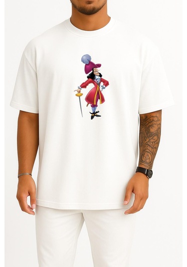 Bahriyeli Collection Oversize Captain Hook Digital İllustration, Captain Hook Peter Pan Göğüs Tasarımlı Unisex T-shirt Beyaz