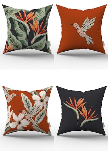 Turuncu Çiçek Kuş Desenli Dijital Baskılı Kırlent Kılıfı Seti 4kmbs324