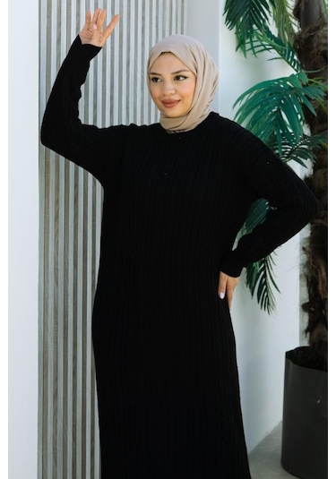 Brc2440siyah-bisiklet Yaka Örme Triko Elbise Siyah