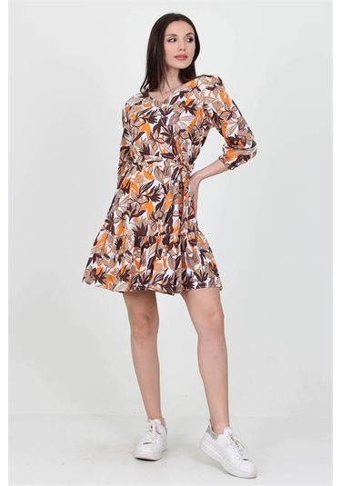 Neşeli Butik Kadın Camel V Yaka Bağlama Detaylı Çiçekli Mini Elbise Nb10029 Camel