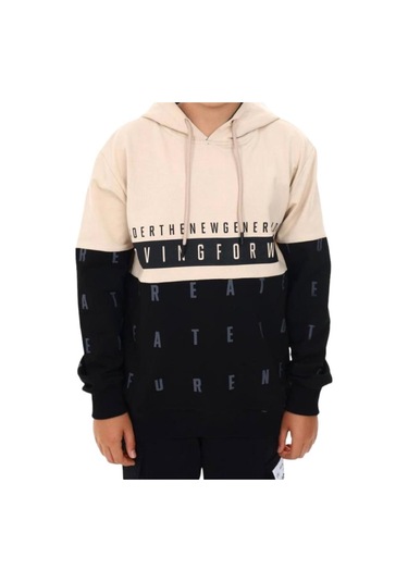 Erkek Çocuk Kapüşonlu Moving Forward Yazılı Harf Desenli Sweatshirt-13385-camel Camel