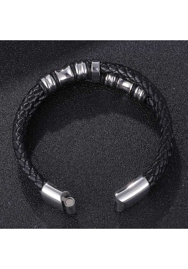 Punk Paslanmaz Çelik Metal Tokalı Erkek Takı İki Katmanlı Gerçek Deri Bileklik Siyah Charm'lı Hiphop Bileklik Siyah