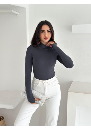 Kadın Yarım Balıkçı Yaka Parmak Geçmeli Full Likralı Buzz Body Antrasit