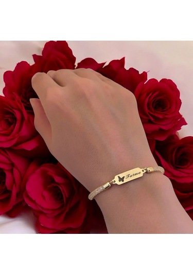 Archin Fatma İsmine Özel Hasır Kordonlu Kelebek Motifli 14 Ayar Altın Plakalı Hediye Bileklik-647isim Fatma