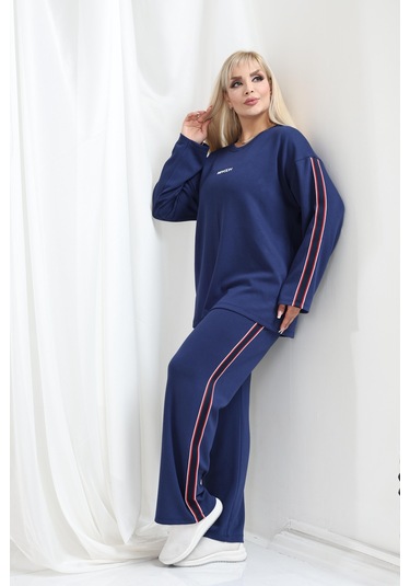 Kadın Büyük Beden Uzun Kollu Şerit Detaylı Oysho Tarzı Modal Kumaş Takım Lacivert