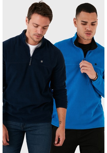 Buratti Slim Fit Anti-Pilling Tüylenme Yapmayan Bato Yaka Şardonlu 2'Li Paket Erkek Polar 5906001S2 Lacivert-Saks