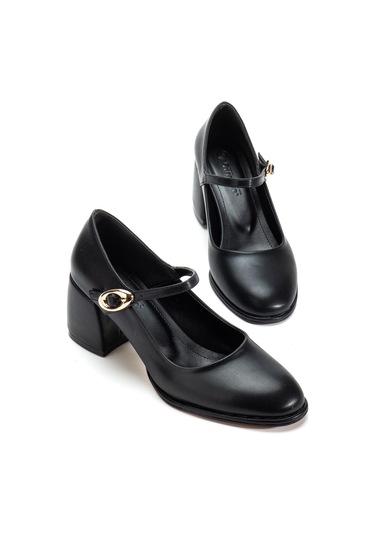 Siyah Kadın Kalın Topuklu Ayakkabı Baretli Vardola Kalın Tokalı-4340 Siyah