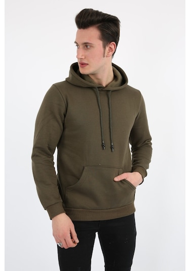 Modish Üç İplik Şardonlu Kapşonlu Düz Erkek Günlük Sweatshirt Haki