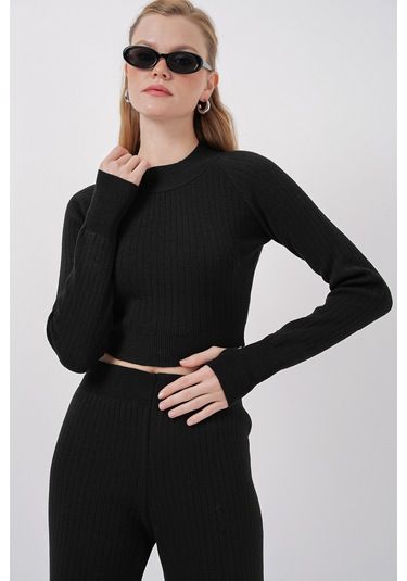 Bigdart 15905 Kadın Crop Kazak Pantolon Triko Alt Üst Takım - Siyah