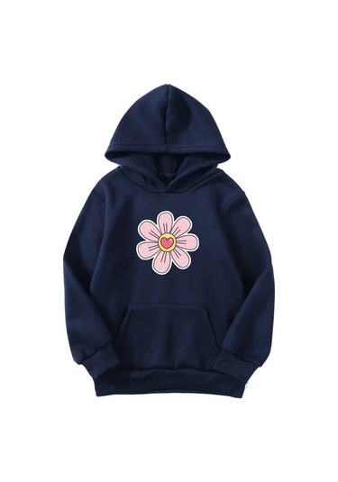 Unisex Oversize Şardonlu Kışlık Kalpli Papatya Baskılı Kapüşonlu Sweatshirt - Lacivert Lacivert