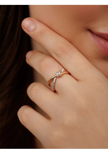 Veronika 925 Ayar Gümüş Altın Kaplama Kristali Taşlı Düğüm Yüzük 162194168 Altın