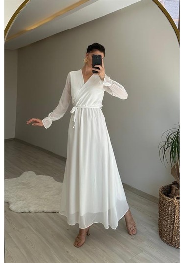 Neşeli Butik Kadın Uzun Kollu Kuşaklı Maxi Şifon Elbise Nm001 Beyaz