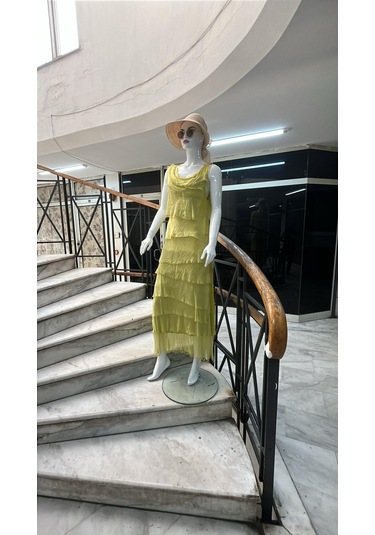 Italyan 2 Beden İnce Gösteren Kat Kat Sıfır Kol İpek Elbise-8769 Koyu Sarı