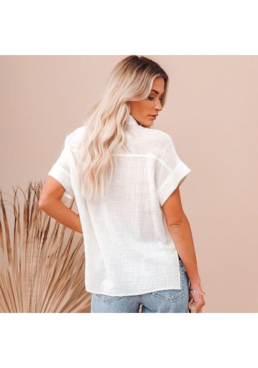 Yaz Pamuk Keten Gömlek Kadın Kısa Kollu Üstleri Kadın Zarif Bluzlar Kısa Kollu Yaz Gömlek Kadın Için Rahat 21929 Beyaz