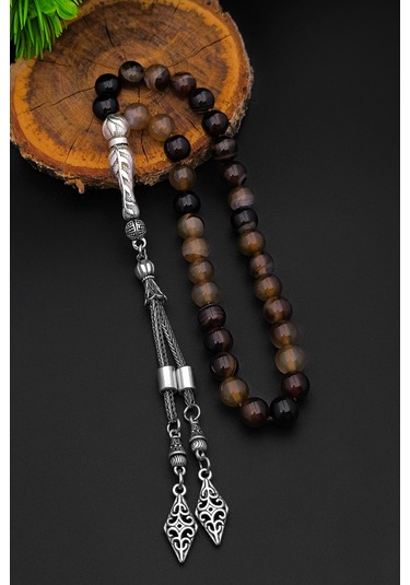 Erkek Doğal Taş Tesbih Kahverengi Akik Tesbih 8 Mm Bt053 Kahverengi - Beyaz