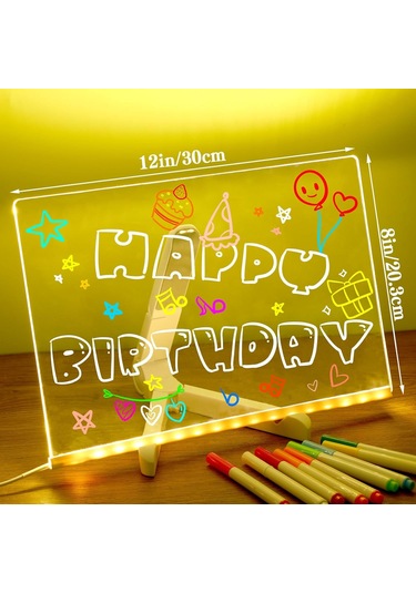 Hombey 30x20cm Büyük Led Işıklı Akrilik Tahta - 12 Renkli Kalem, Açı Ayarlanabilir Tripod, Silme Bezi Ve Şarj Aleti İle Yeniden Kullanılabilir Çizim Ve Not Alma Tablosu Beyaz