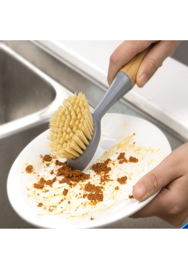 Xindoker Ahşap Saplı 2'li Set Mutfak Temizlik Fırçası - Sert Tüylerle Tencere, Kase, Lavabo Derinlemesine Temizler Gri, 20.5x4.5cm