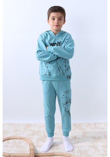 Erkek Çocuk Kapşonlu Eşofman Takımı 4 Mevsim Wolf Baskılı Ribanalı F12 Mavi