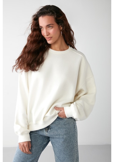 Vaneltına  Kadın Içi Polarlı 3 Iplik Organik Pamuk Oversize Basic Bisiklet Yaka Vanilya Sweatshirt
