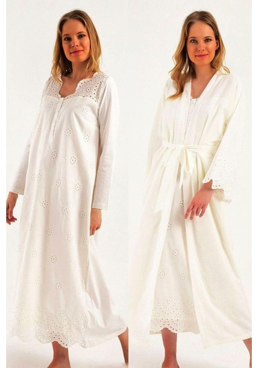 Kadın Ekru Lohusa Pamuklu Tesettür Gecelik Sabahlık Takımı