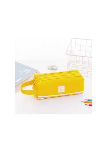Yaratıcı Düz Renk Çift Katmanlı Büyük Kapasiteli Kalem Kutusu-sarı