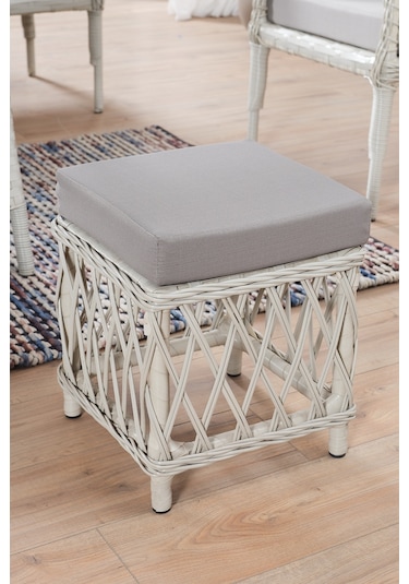 Joy Rattan Puflu Bahçe Balkon Takımı 3+1+1+ Camlı Masa Kemik Rengi Kemik