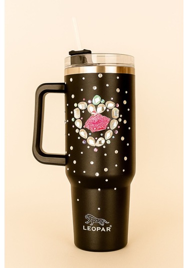 Pipetli 1,2 Litre Kulplu Çelik Termos Renkli Üzeri Taş İşlemeli - Siyah Siyah