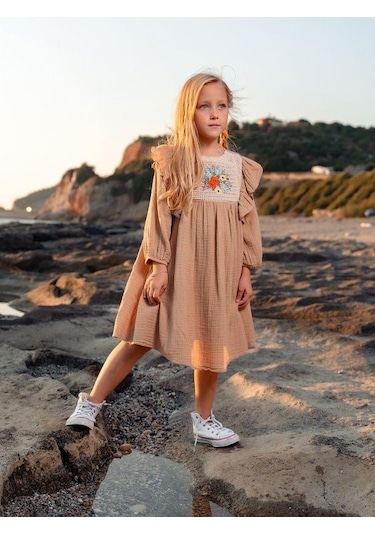 Kız Çocuk Pamuklu Çiçek Dantelli Turvakar Kol Elbise-12661-camel Camel