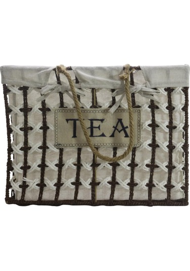 T.concept Dekoratif Halatlı Zarif Telli Çok Amaçlı Dikdörtgen Sepet Kahverengi- Beyaz Büyük L