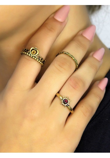 Doğal Taşlı 3'lü Garnet Lal Doğal Taşlı Güneş Modelli Kadın Ayarlanabilir Yüzük Seti Euy85 Kırmızı
