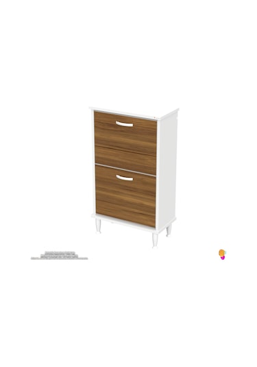 Modilayn Umay Kapı Önü 52 X 90 X 25, 5 Cm Lik 2 Düşer Kapak 4 Göz Bölmeli Ayakkabılık Beyaz - Ceviz