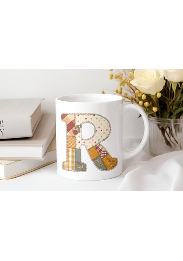 R Harfi Sonbahar Kış Temalı Yamalı Tasarım Kupa Bardak - Etnik Ve Pathwork Severlere Özel Hediye Beyaz