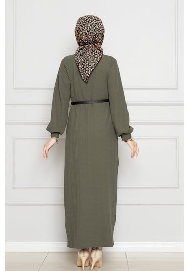 Balıkçı Yaka Kemerli Elbise-haki-4556 Haki