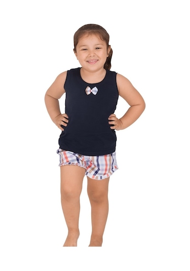 The Don Aile Lacivert Ekose Desenli Kız Çocuk Şort Takımı (9-14 Y