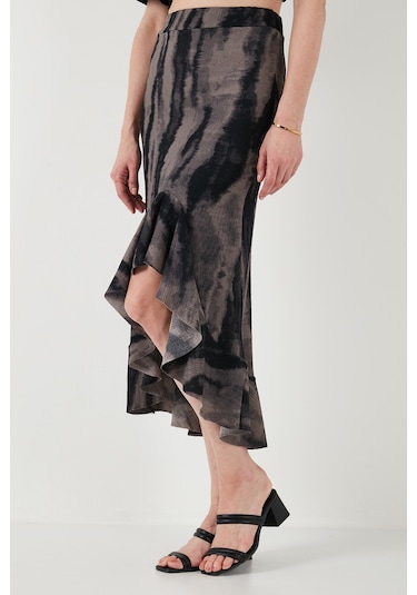 Lela Regular Fit Desenli Yüksek Bel Volanlı Midi Boy Yırtmaçlı Bayan Etek 5869013 Siyah