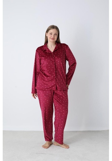Battal Estiva Puantiyeli Önden Düğmeli Kadife Bayan Pijama Takım Bordo