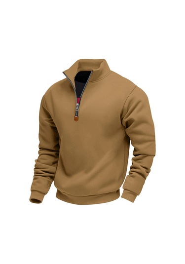 Edwardest Amerikan Tarzı Artı Kadife Sıcak Erkek Dik Yaka Uzun Kollu Yarım Fermuarlı Spor Gündelik Sweatshirt Kahverengi