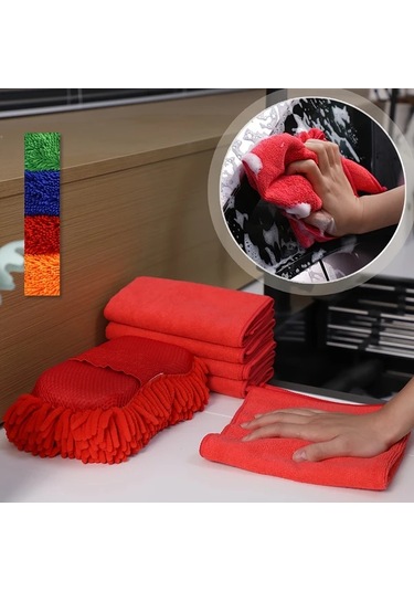 Honeybeeshop 6 Adet Mikrofiber Araba Yıkama Seti Yeşil Chenille Sünger 5 Havlu Süper Emici Çiziksiz