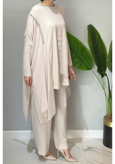 Nuss Tül Detaylı Pantolonlu Takım 3002 Bej Bej